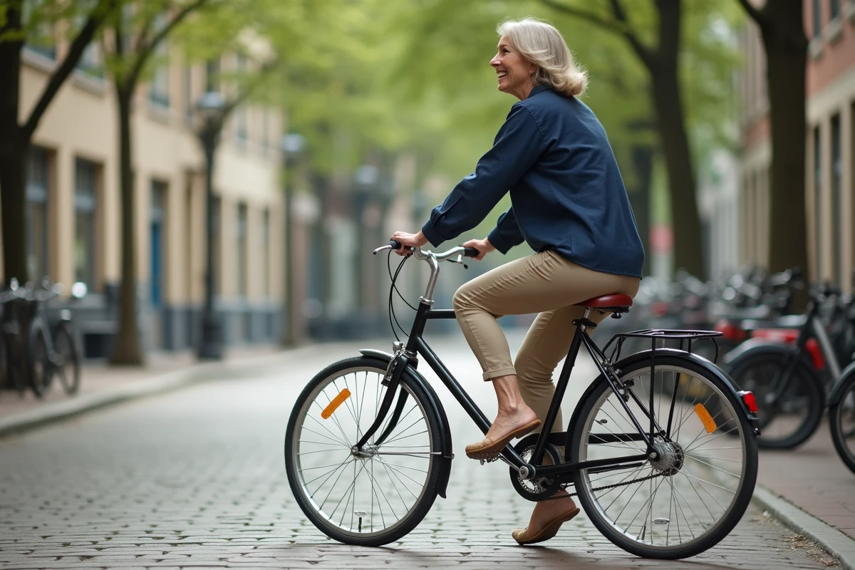 Femme pédalant à reculons sur un vélo de ville équipé d'un frein à rétropédalage dans une rue pavée européenne