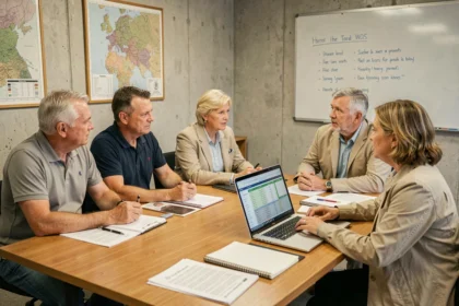 Réunion de commission du District de Football de l'Orne autour d'une table avec documents et ordinateur portable