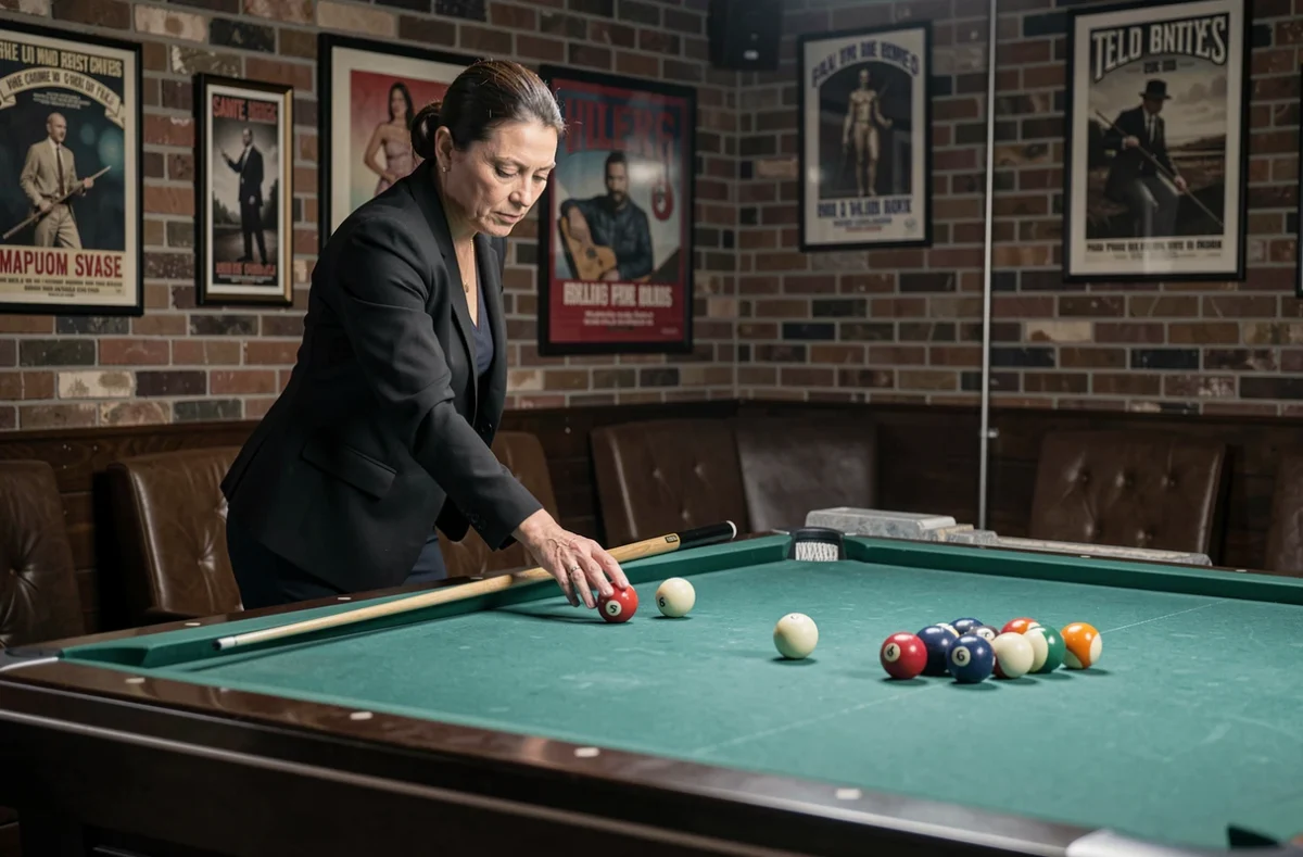 Joueuse de billard appliquant une routine de placement des boules en trois gestes dans un club feutré