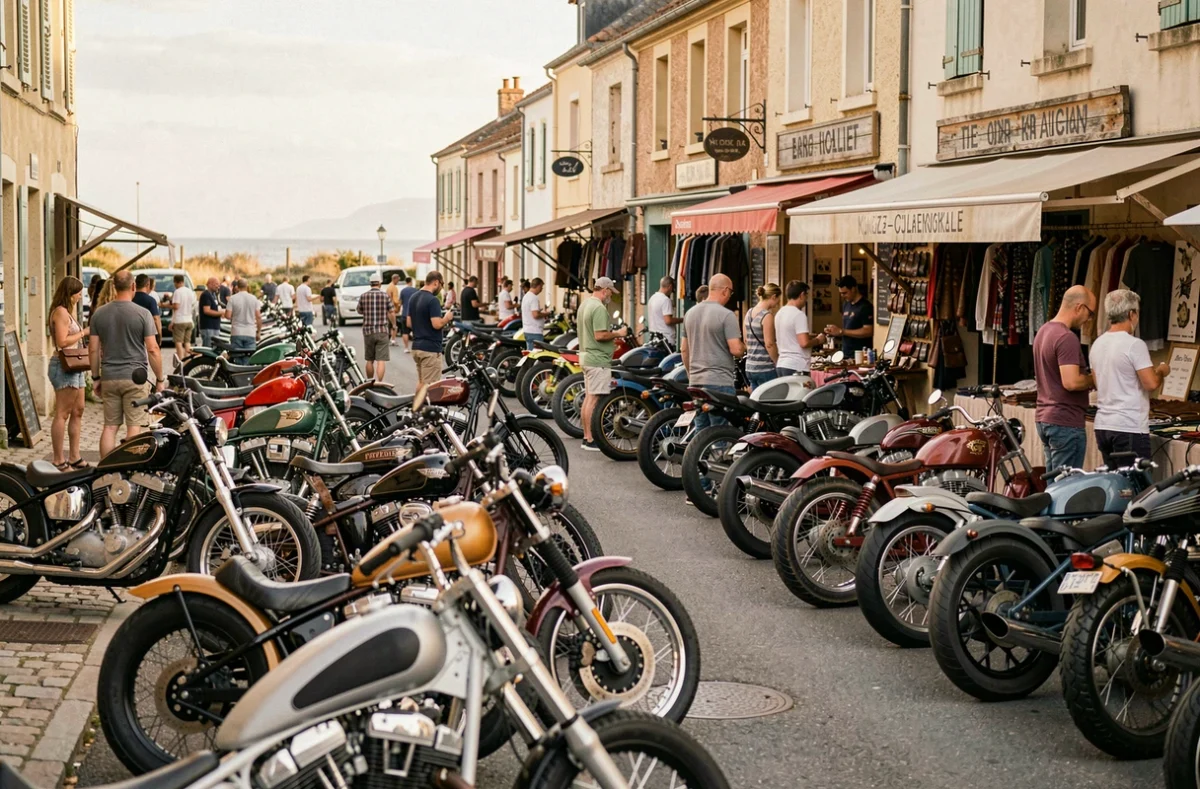 Rue animée de Montalivet pendant le show bike avec motos custom et stands de vendeurs en plein air
