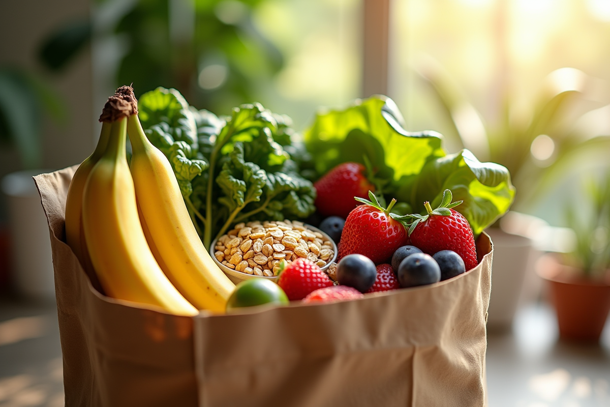 Sac de courses rempli de fruits et légumes frais pour une alimentation saine