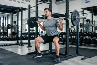 Homme effectuant un squat avec barre dans une salle de musculation moderne en Centre-Val de Loire