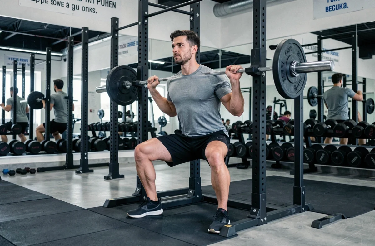 Homme effectuant un squat avec barre dans une salle de musculation moderne en Centre-Val de Loire