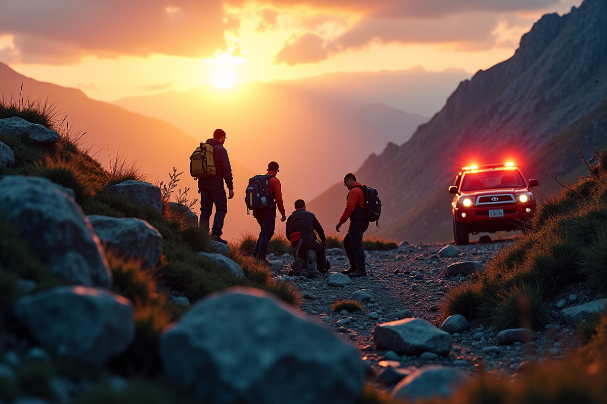 Équipe de secours en montagne soignant un randonneur blessé au lever du soleil