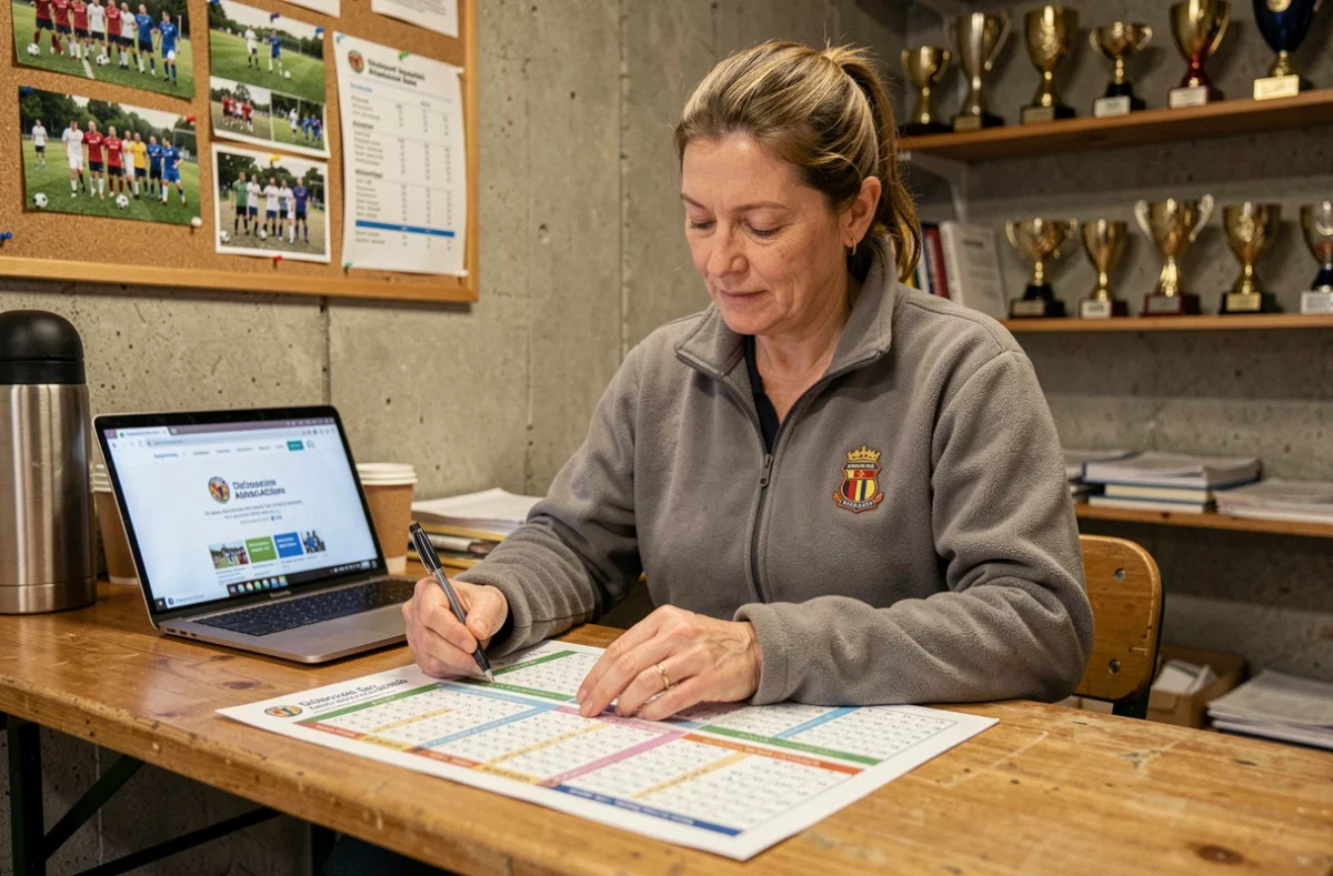 Bénévole d'un club de football vendéen consultant le calendrier officiel du district pour la saison 2026 dans un vestiaire de club