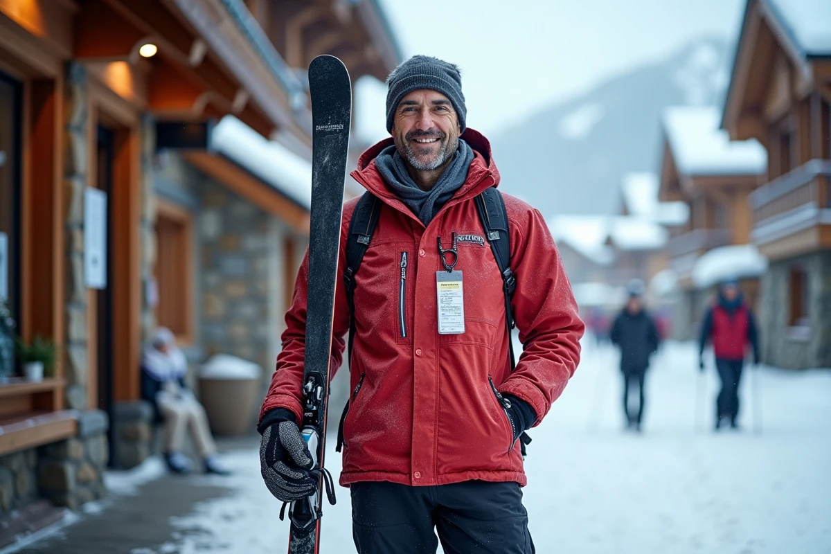 Skieur tenant son forfait et ses skis de location devant un chalet de la station des Arcs 1800 en hiver