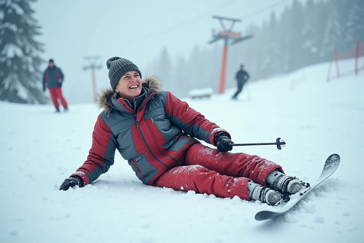 Skieuse amateur chutant sur une piste de ski de station, montrant les risques de blessure pour les sportifs occasionnels