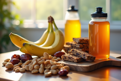 Assortiment de snacks sains pour sportifs sur une table en bois