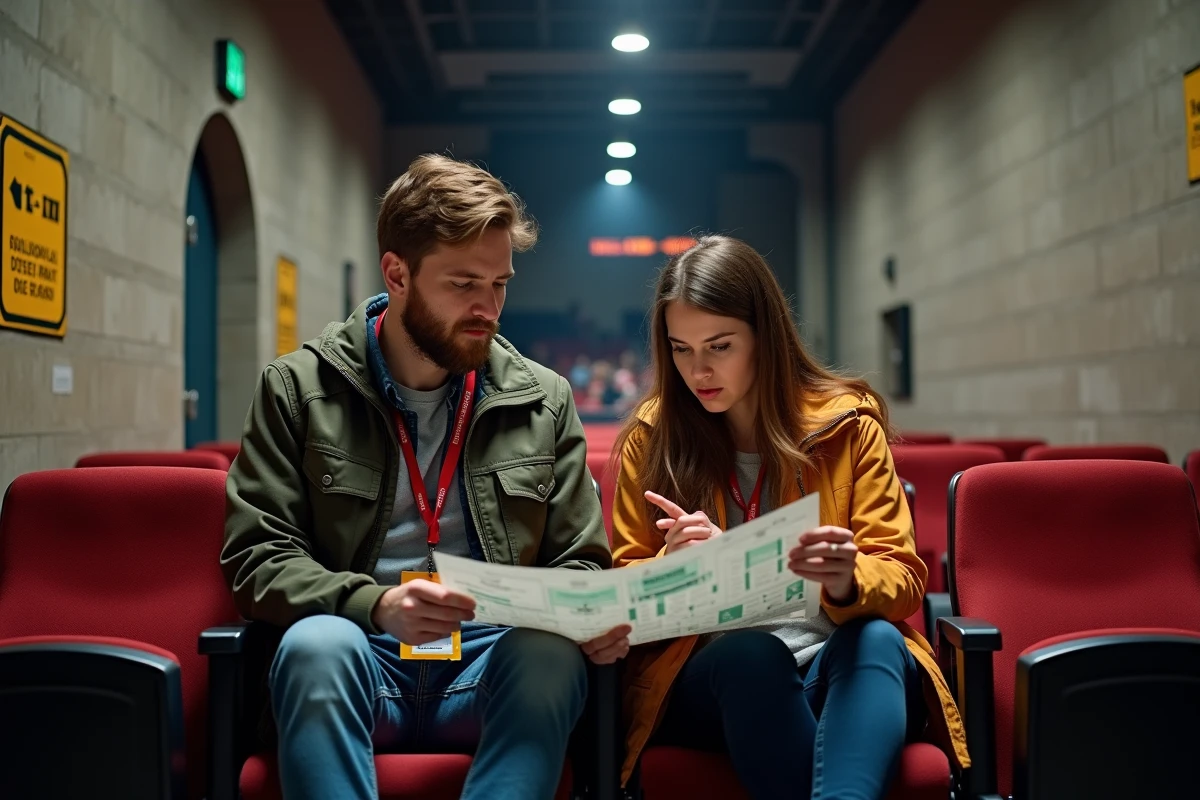 Couple de spectateurs consultant un plan de placement de la salle Bercy Arena avant un concert, assis dans les allées intérieures