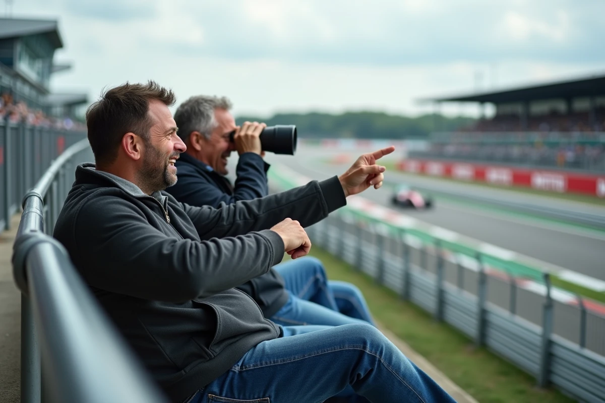 Deux hommes assistant à une course automobile en tribunes lors d'un week-end de compétition