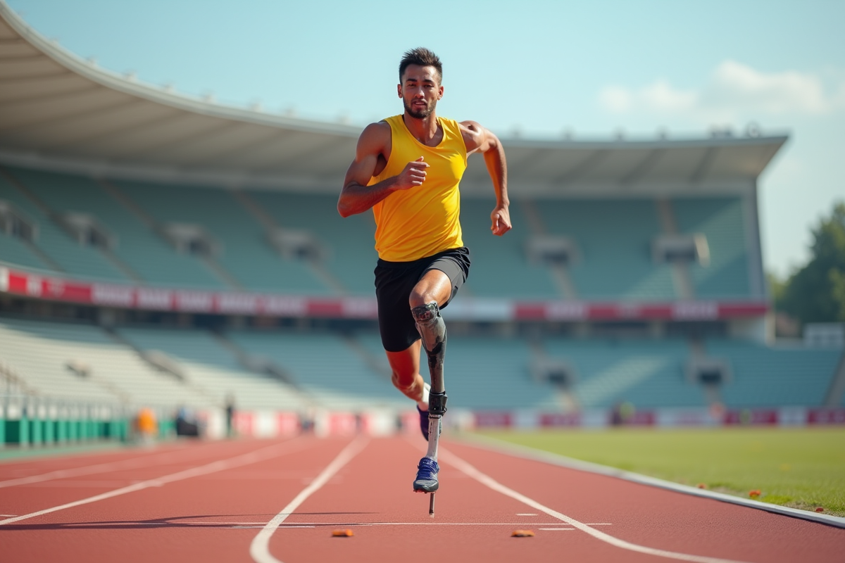 Sprinteur paralympique avec prothese en course en plein jour