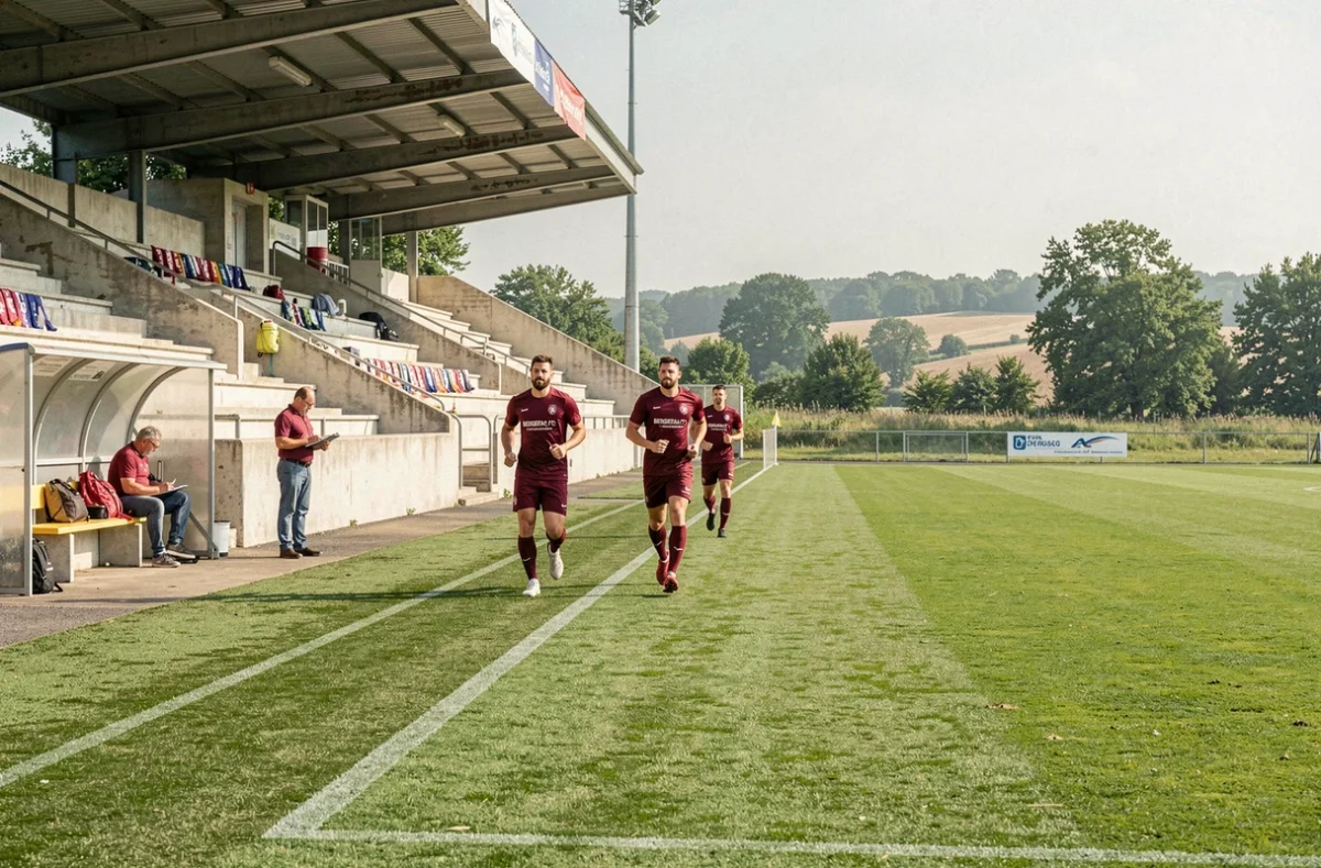 Vue large du stade de Bergerac avec des joueurs à l'entraînement pendant la préparation de la saison 2026