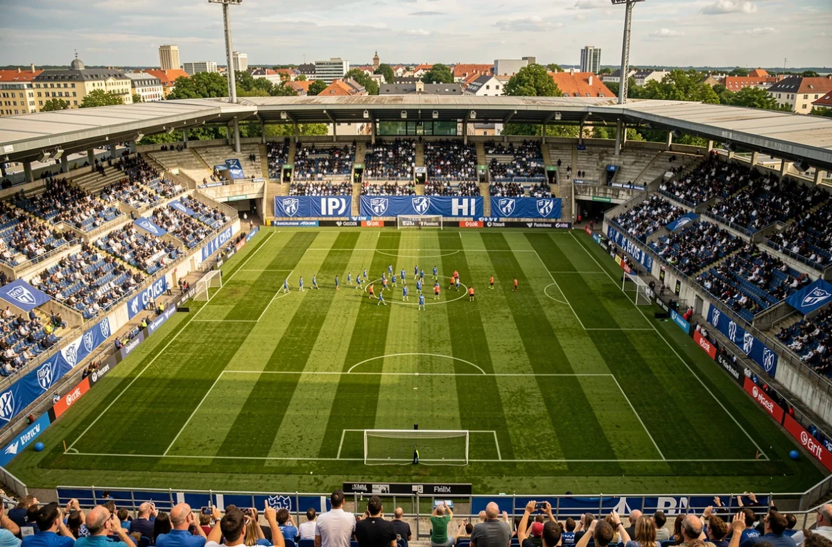 Vue panoramique du Stade de la Meinau à Strasbourg lors d'un jour de match, avec les tribunes garnies de supporters en bleu et blanc