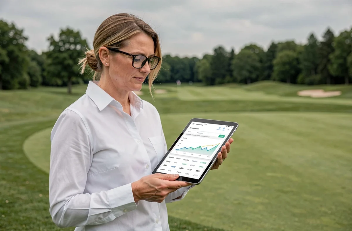 Professionnelle du marketing digital consultant une stratégie SEO sur tablette en bordure d'un parcours de golf