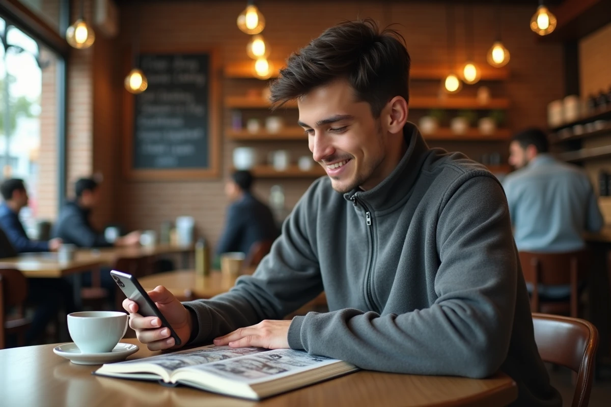 Jeune homme lisant un scantrad de Blue Lock sur smartphone tout en consultant un tome physique dans un café urbain