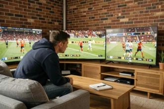 Homme regardant plusieurs matchs simultanément sur trois écrans dans un salon moderne