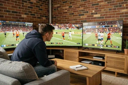 Homme regardant plusieurs matchs simultanément sur trois écrans dans un salon moderne