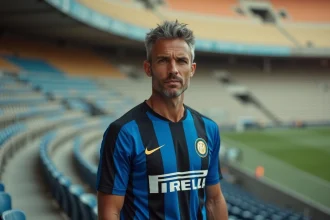 Supporter de l'Inter Milan portant un maillot vintage noir et bleu dans un stade historique italien