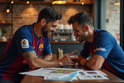 Deux supporters du FC Barcelone qui débattent des statistiques de l'équipe autour d'une tablette dans un café