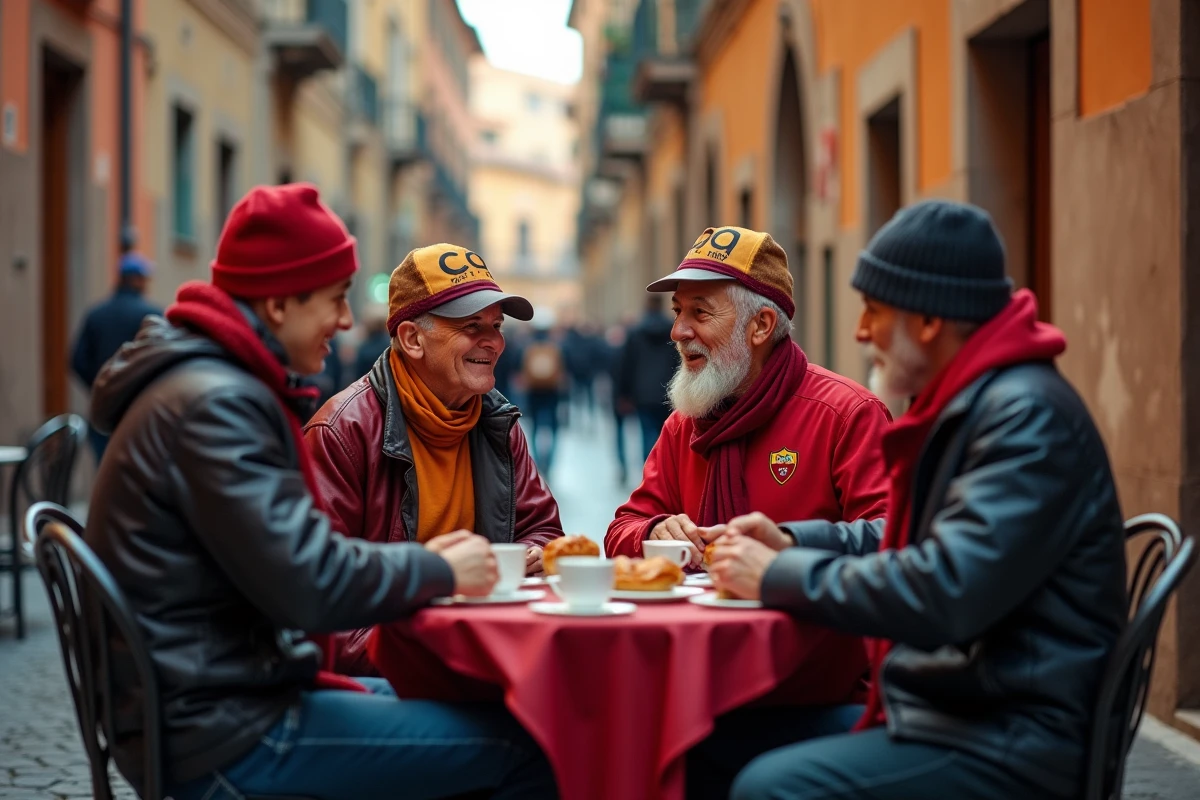 Groupe de supporters Roma discutant dans un café de Trastevere