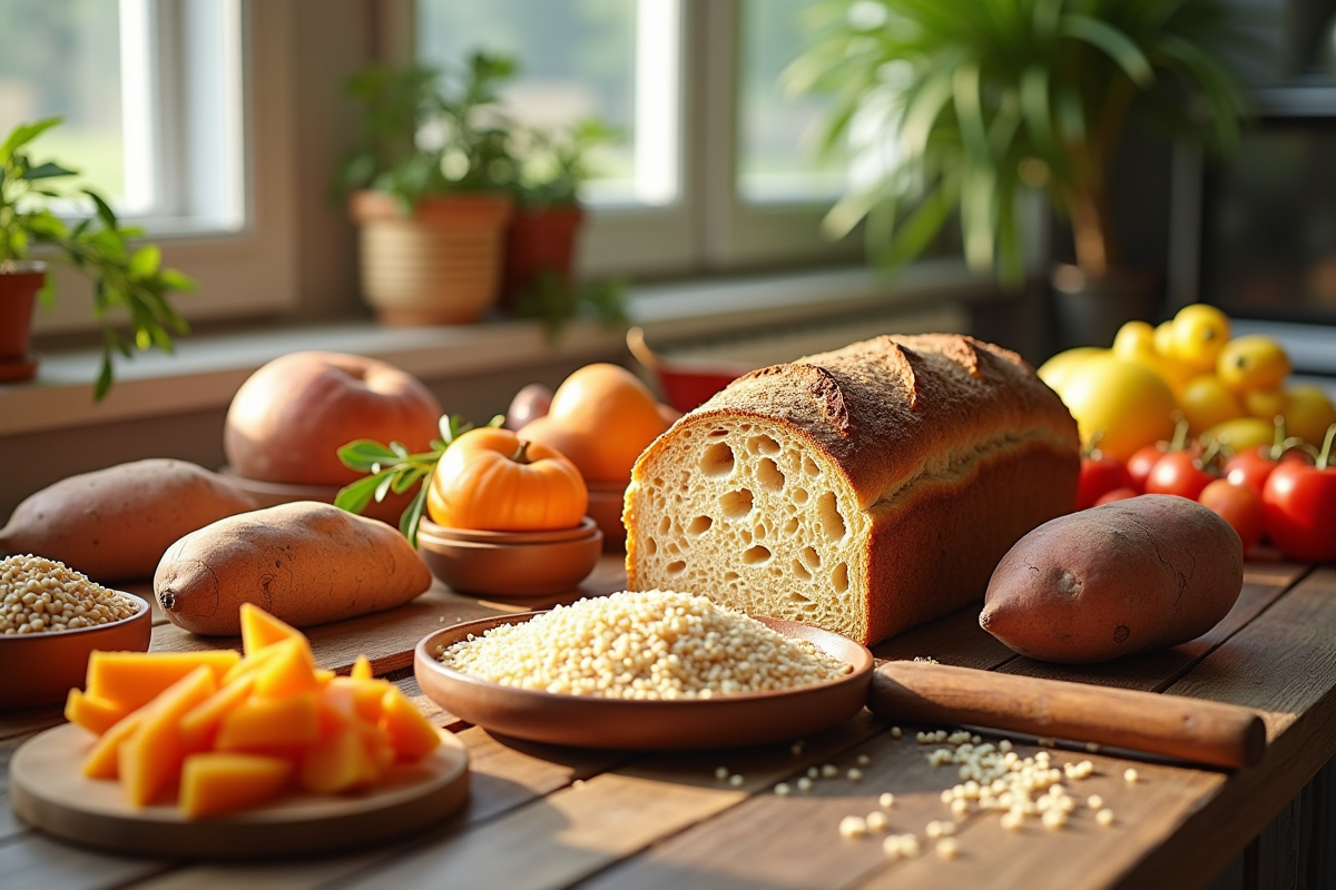 Table en bois avec pains et fruits frais pour une alimentation saine