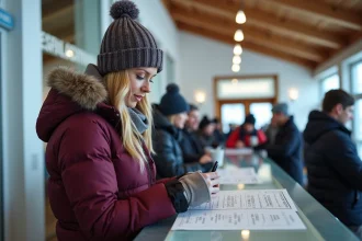 Femme consultant les tarifs de forfait de ski au guichet de La Plagne en 2026