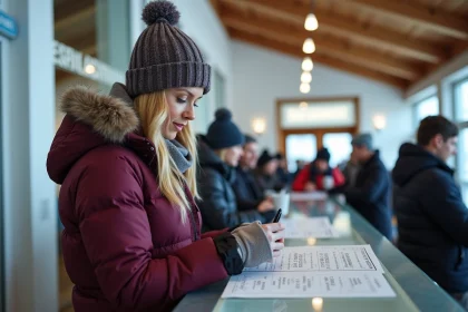 Femme consultant les tarifs de forfait de ski au guichet de La Plagne en 2026