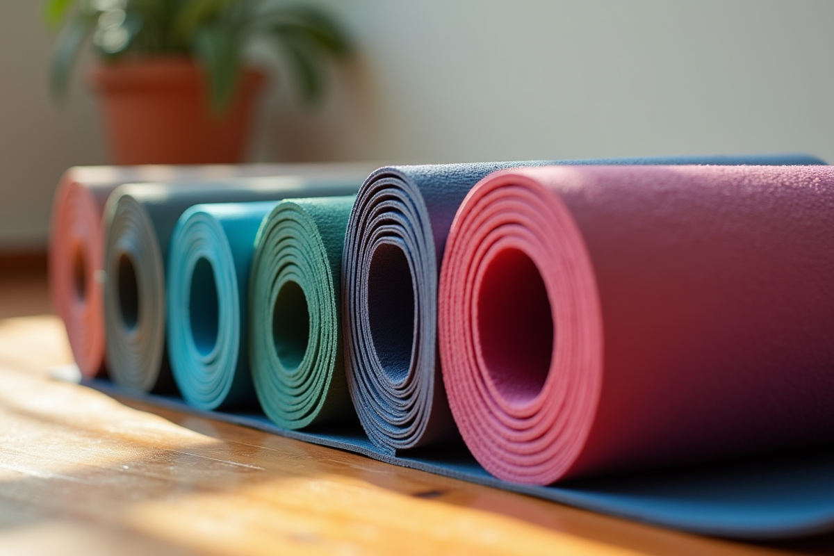 Gros plan sur plusieurs tapis yoga empiles sur un sol en bois