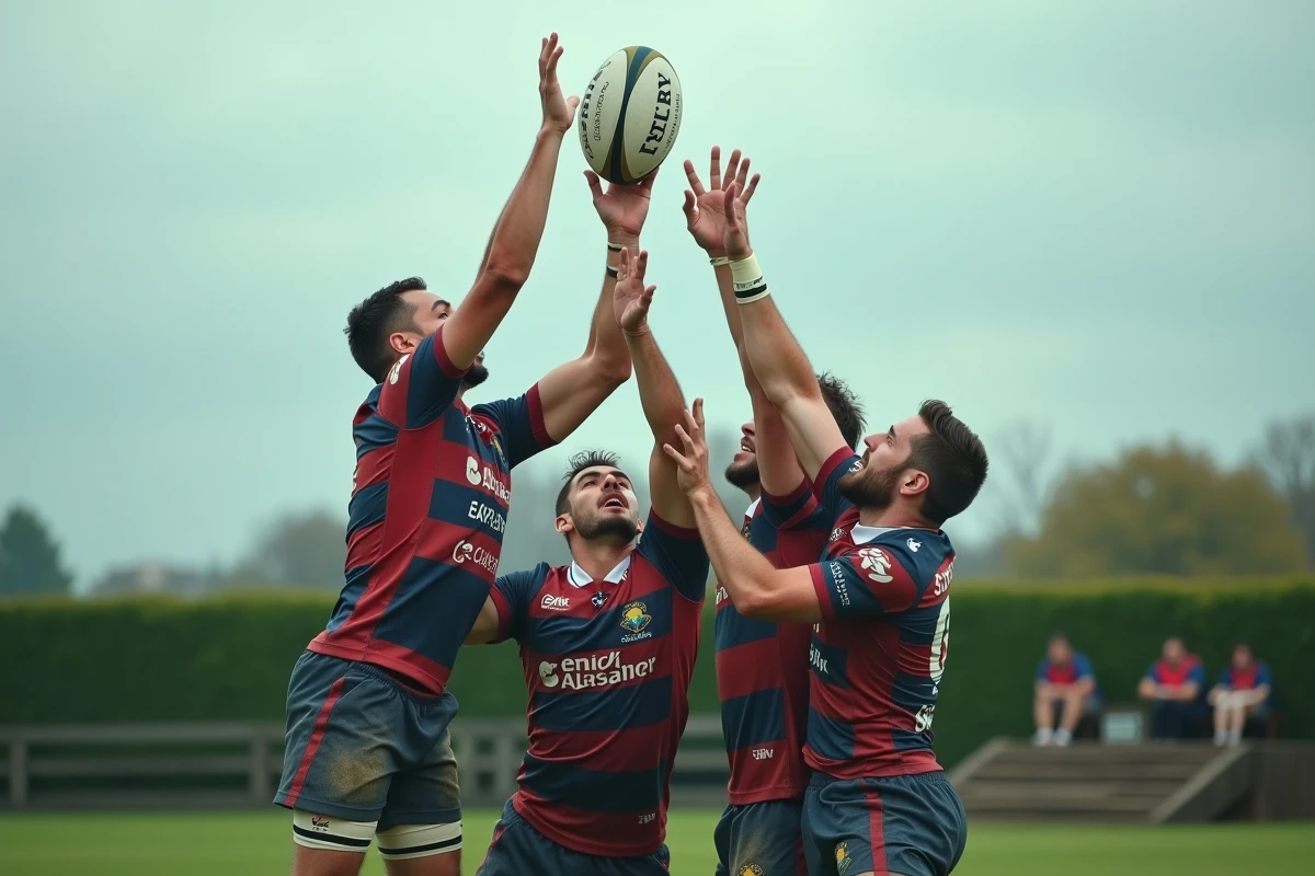 Touche aérienne disputée entre deux équipes de rugby Fédérale 2 lors d'un match de championnat, joueurs en suspension avec expressions de concentration