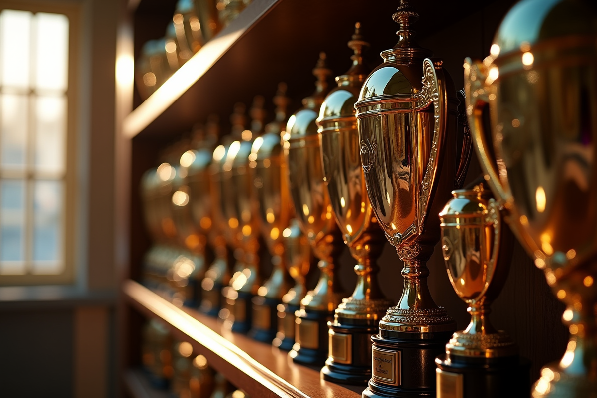 Vitrine remplie de médailles et trophées sportifs brillants