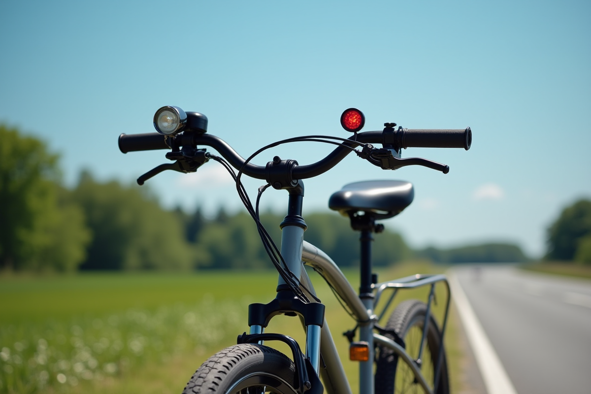 Vélo stationné avec lumières et réflecteurs en campagne