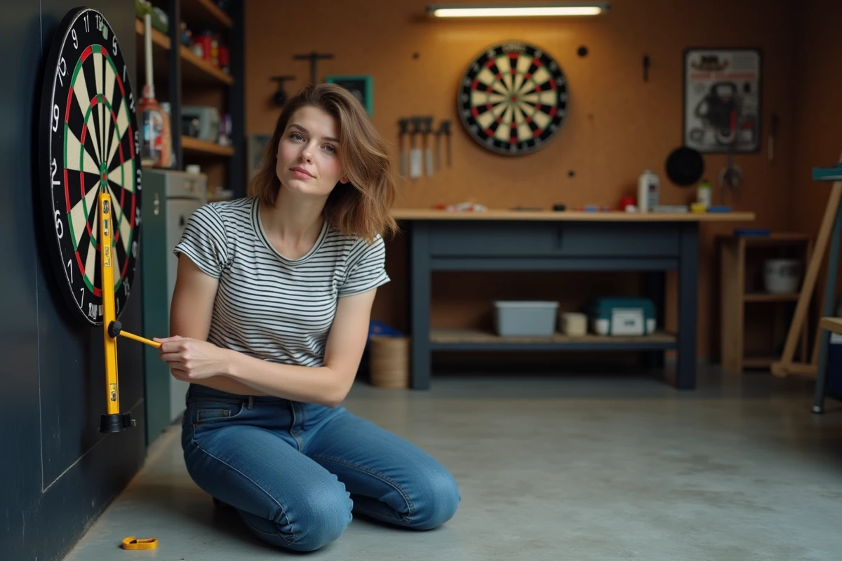 Femme vérifiant la hauteur de montage incorrecte d'une cible de fléchettes dans un garage domestique à l'aide d'un niveau, illustrant les erreurs courantes d'installation