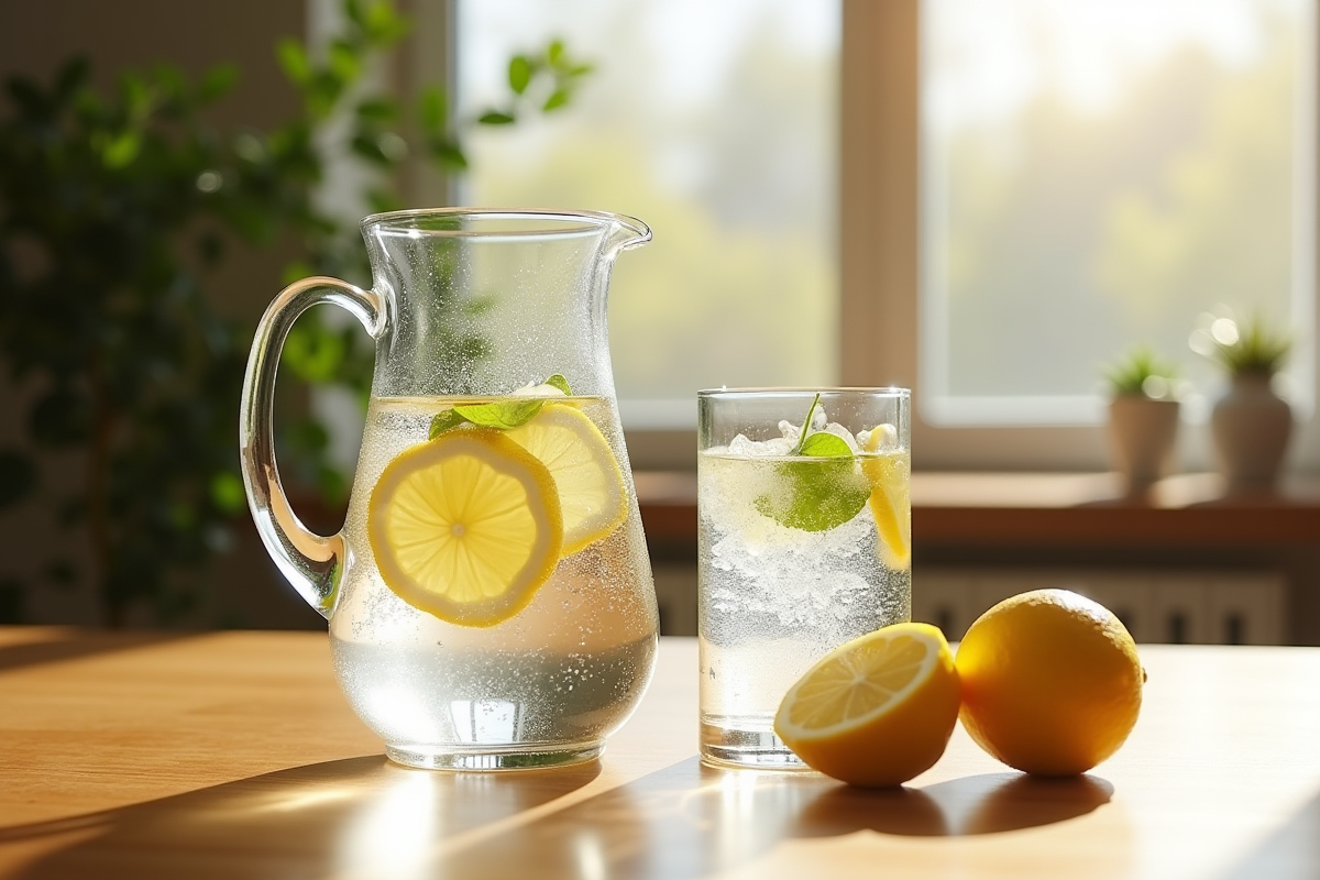 Verre d'eau avec citron sur table en bois ensoleillee