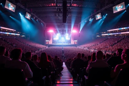 Vue panoramique d'une grande salle de concert type Bercy Arena depuis les gradins latéraux, avec la scène au fond et le public en contre-plongée