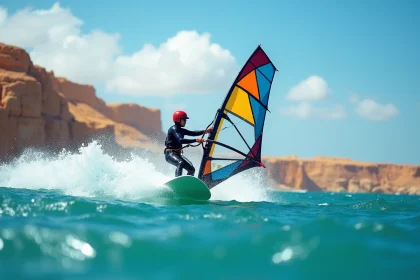 Windsurfer en combinaison néoprène effectuant un gybe sur les eaux turquoise de la mer Rouge en Égypte avec une côte rocheuse en arrière-plan