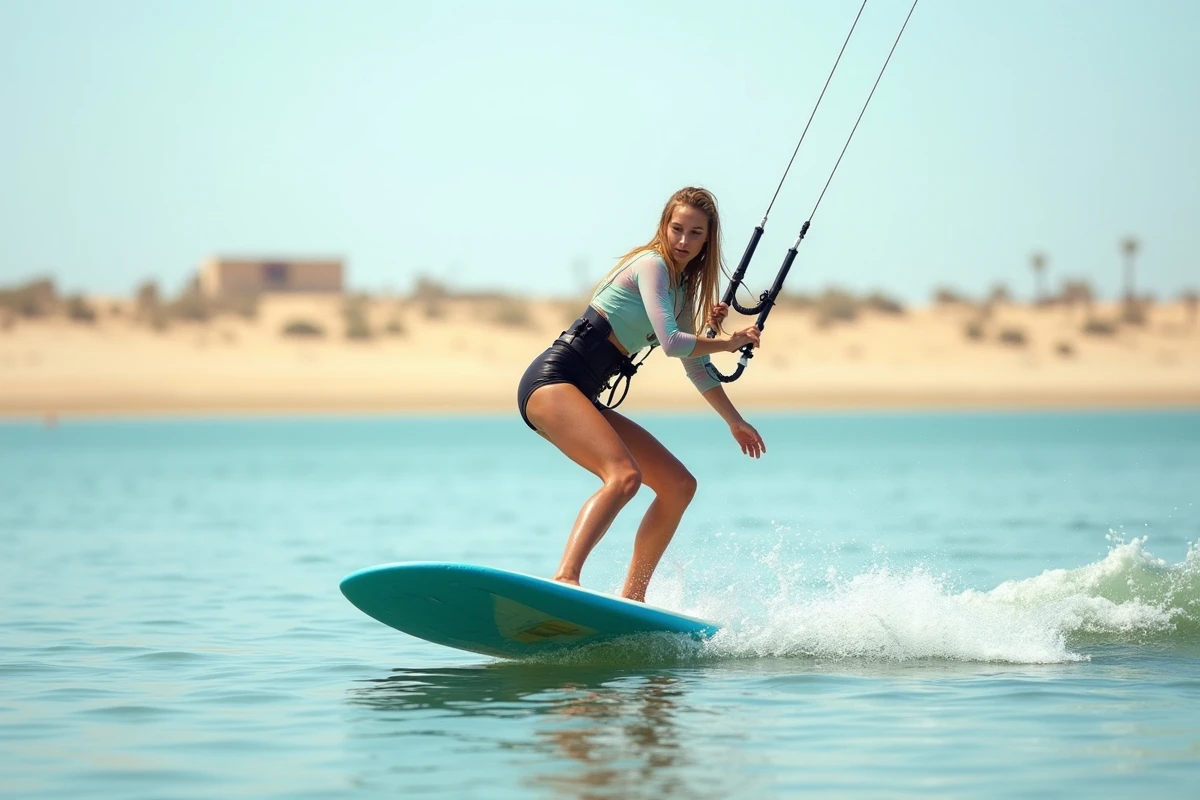 Femme pratiquant le wingfoil dans un lagon plat près d'une plage égyptienne, planche levée sur foil avec une aile gonflable colorée