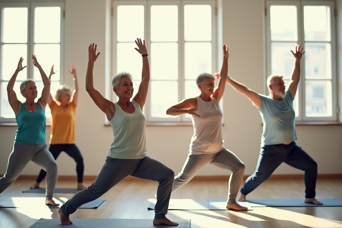 Groupe de seniors pratiquant le yoga dans un studio lumineux