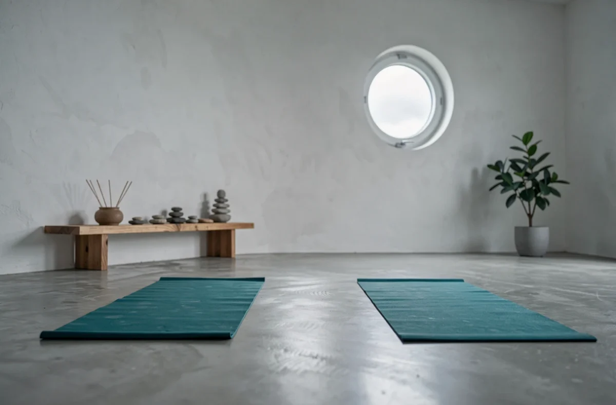 Studio Zenatt minimaliste avec sol en béton poli, tapis teal et étagère zen en bois avec pierres et encensoir